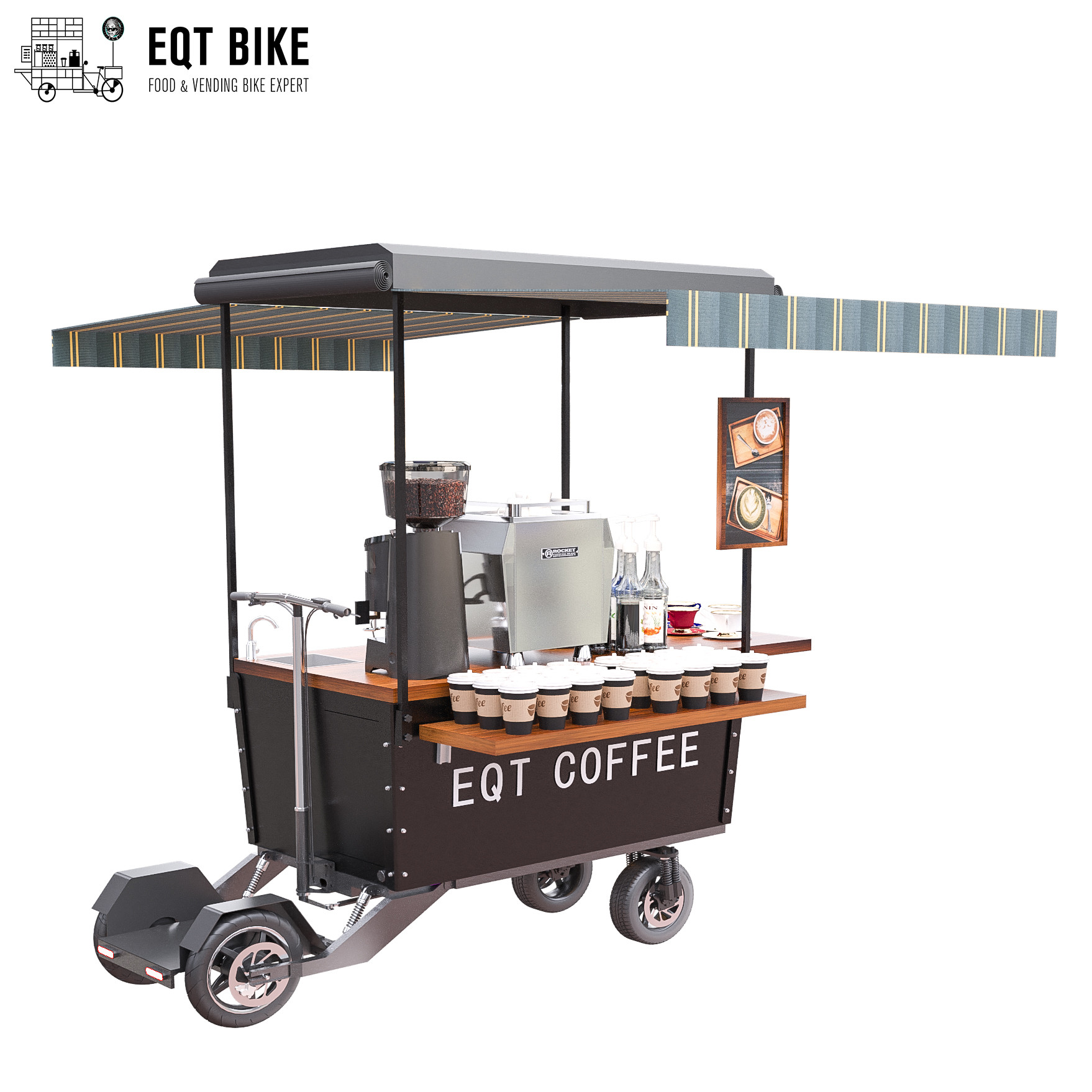 Rue imperméable vendant le chariot de vélo de café avec le frein à disque
